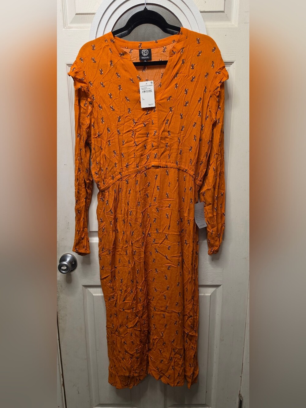 Bobeau Orange Floral Midi Dress with Long Sleeves